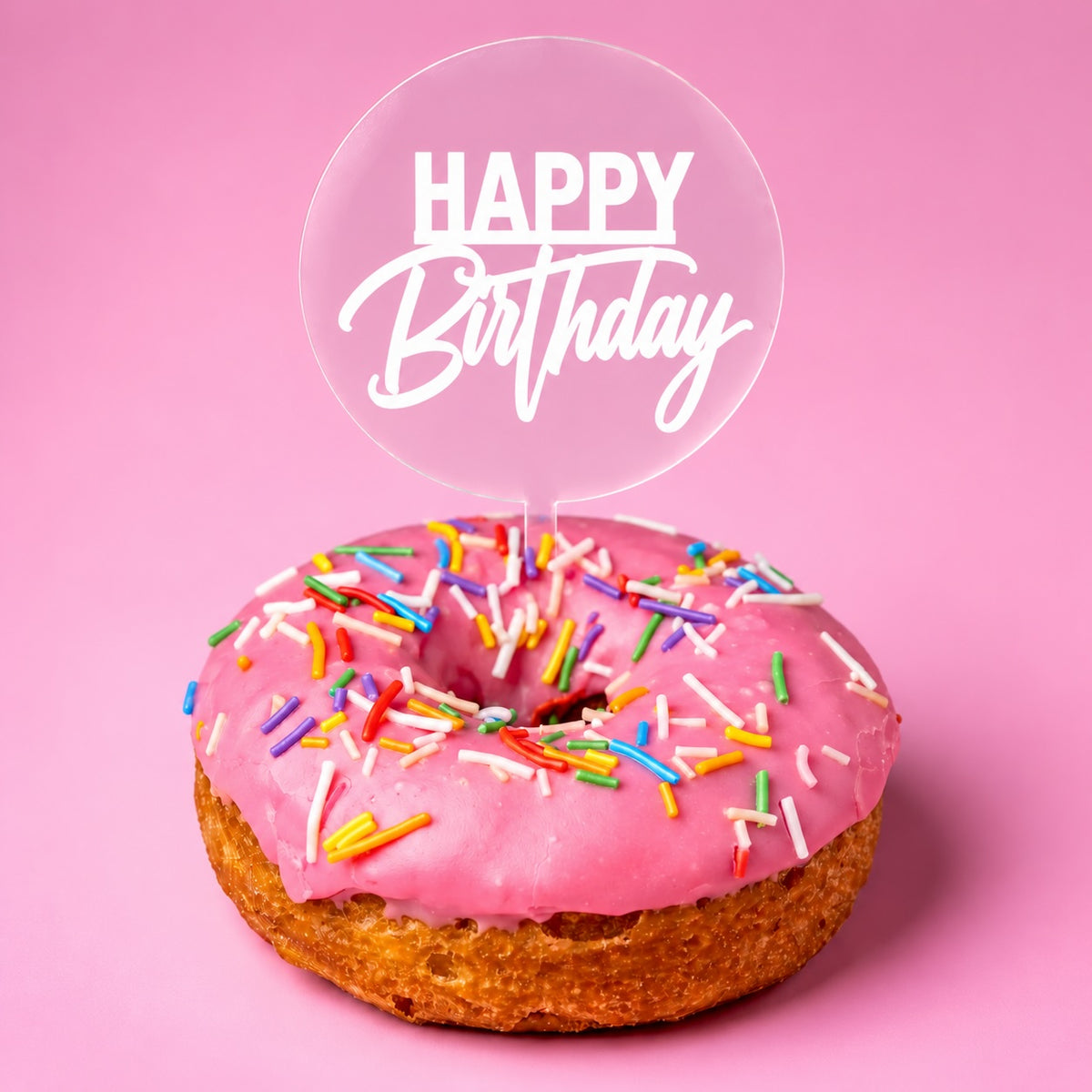 Clear acrylic Happy Birthday doughnut topper