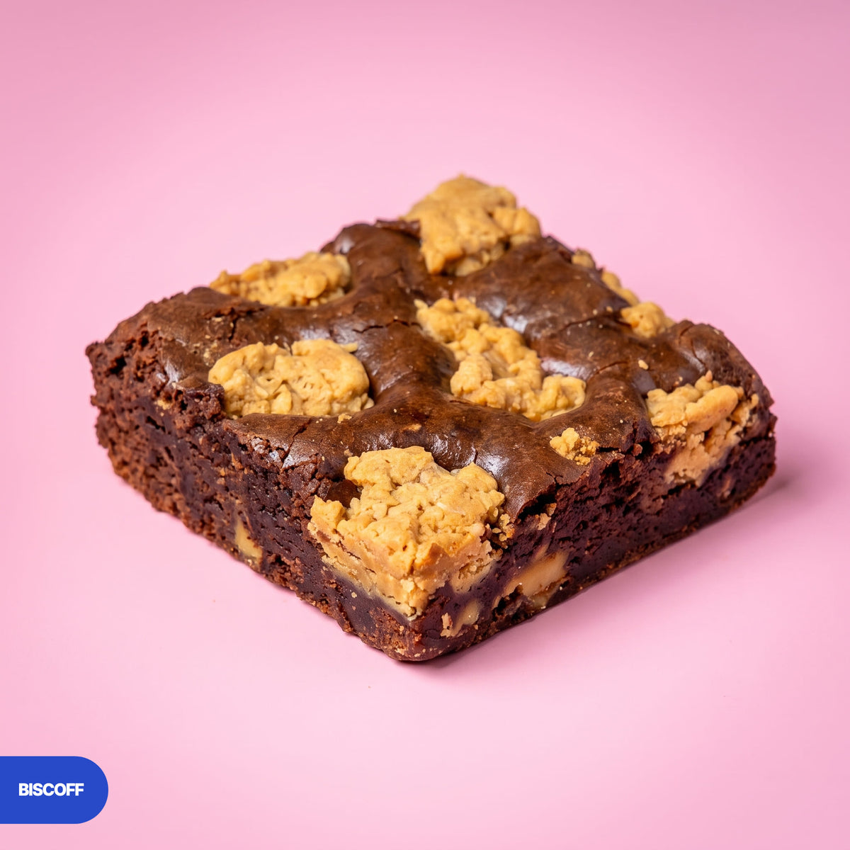 Gluten free vegan biscoff brownie topped with golden caramelised biscuit spread