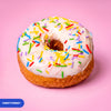 Gluten free oat free vegan fried funfetti ring doughnut, vanilla icing covered in rainbow sprinkles