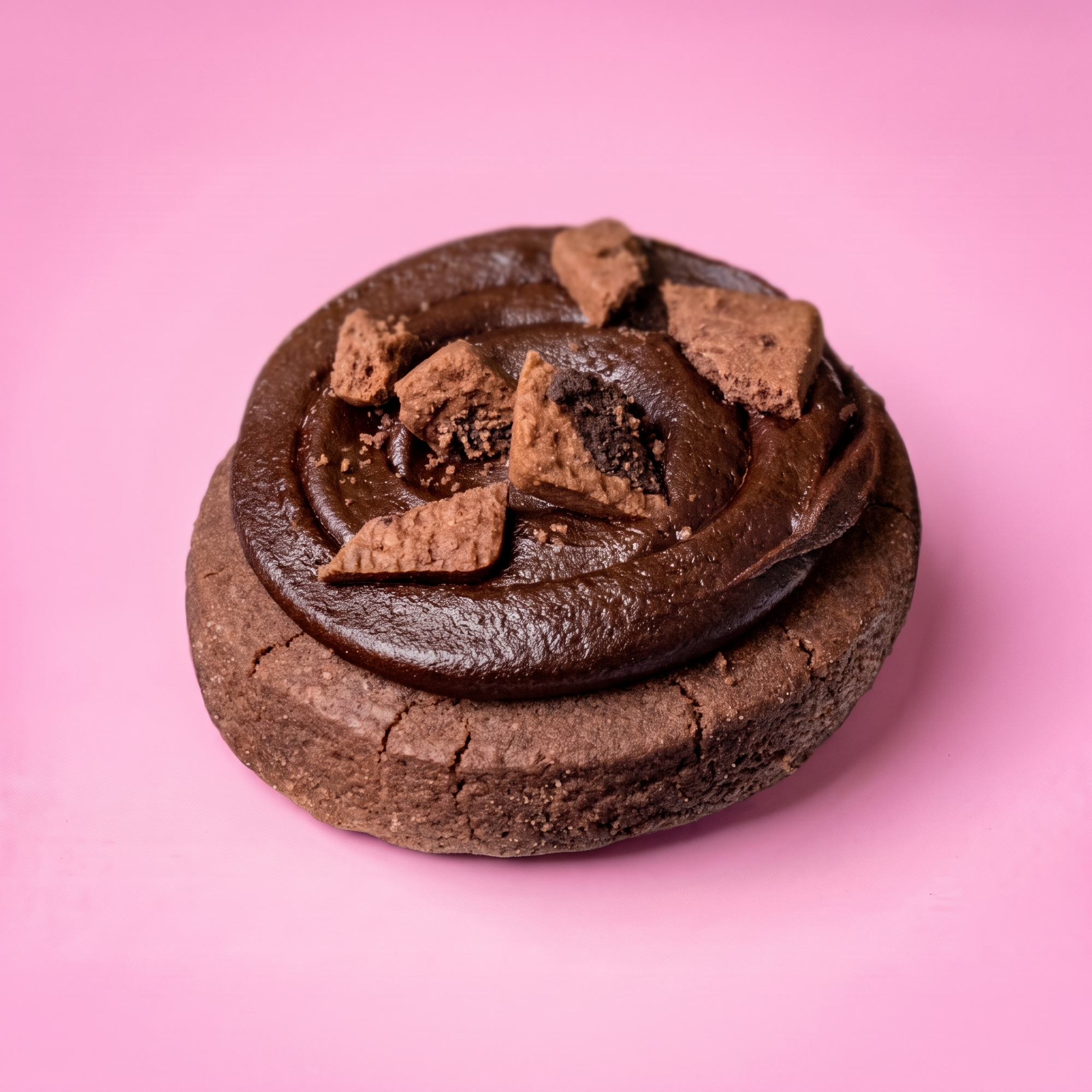 A chocolate gluten free cookie, topped with dark chocolate frosting and broken chocolate pieces, set against a solid pink background.