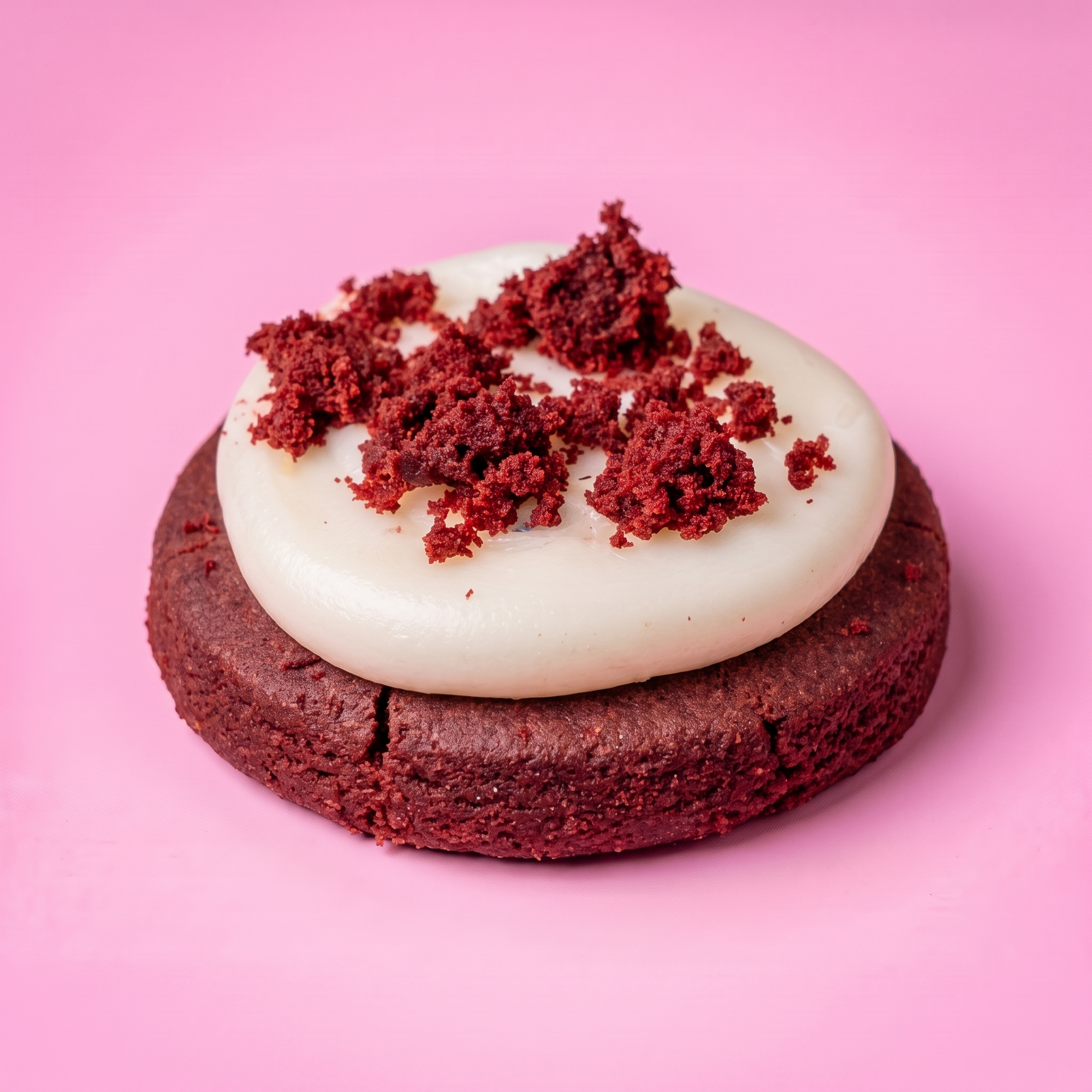 A red velvet gluten-free cookie with a thick swirl of white frosting and sprinkled with red cake crumbs, set against a solid pink background.